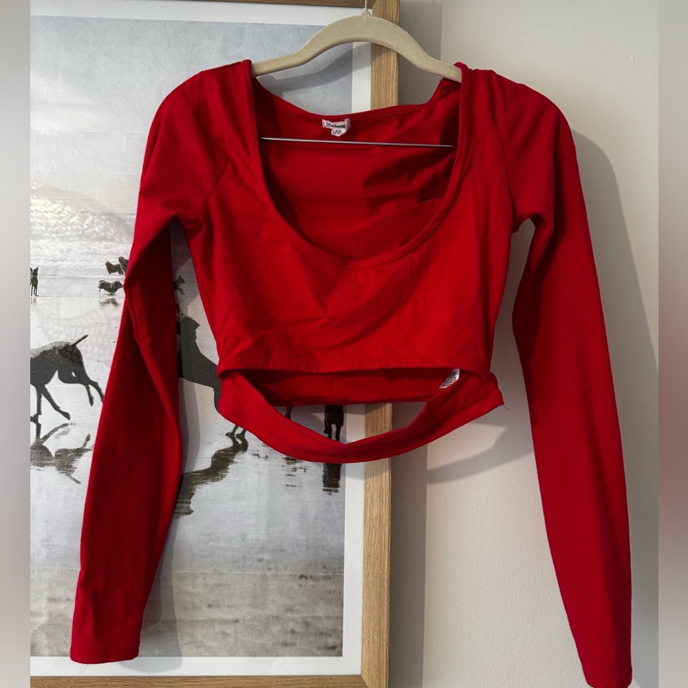 Garage Red Scoop Neck Long Sleeve Crop Top